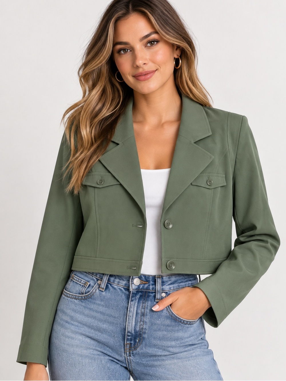 Express Women’s Large Olive Green Cropped Utility Blazer Jacket Military Style